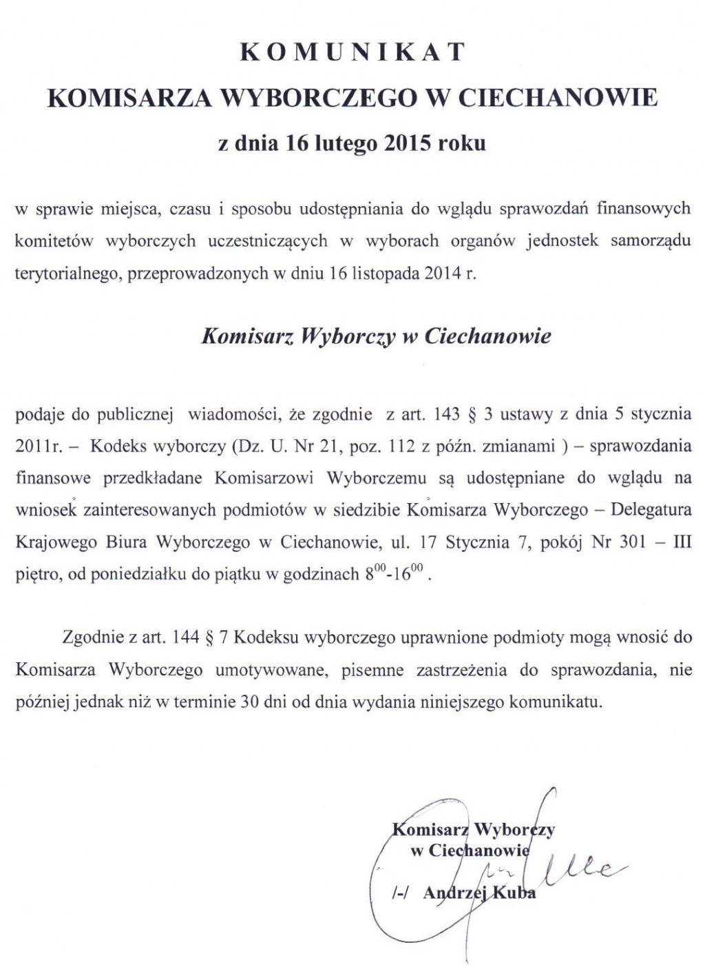 Komunikat Komisarza Wyborczego w Ciechanowie