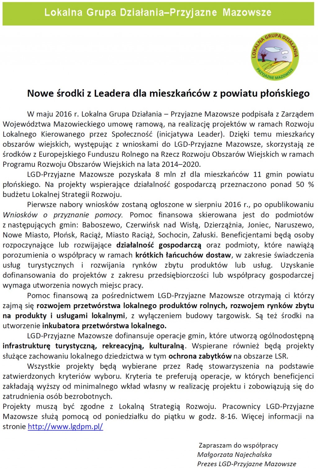 Nowe środki z Leadera dla mieszkańców z powiatu płońskiego
