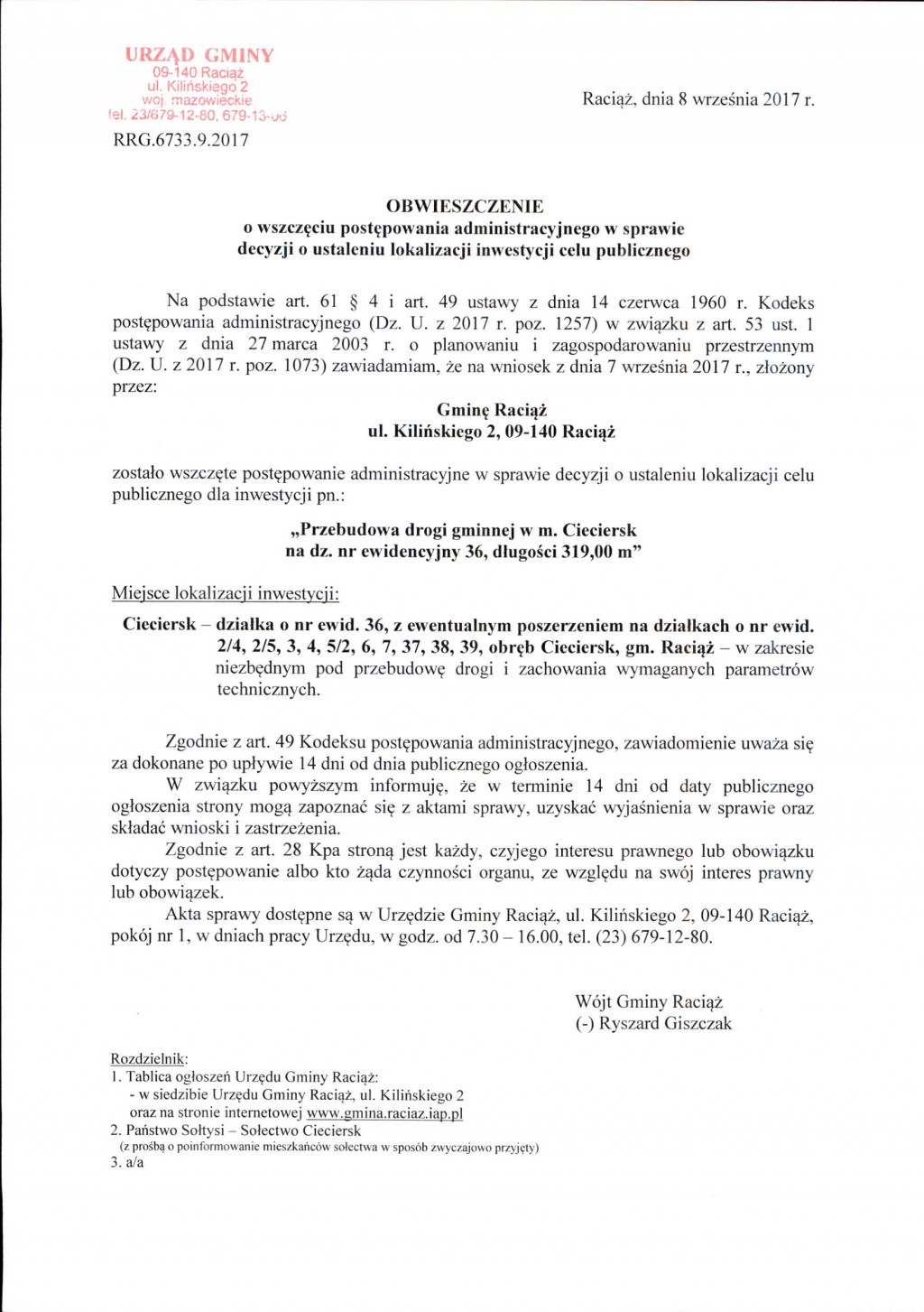 Obwieszczenie - Przebudowa drogi gminnej w m. Cieciersk na dz. nr ewidencyjny 36, długości 319,00 m