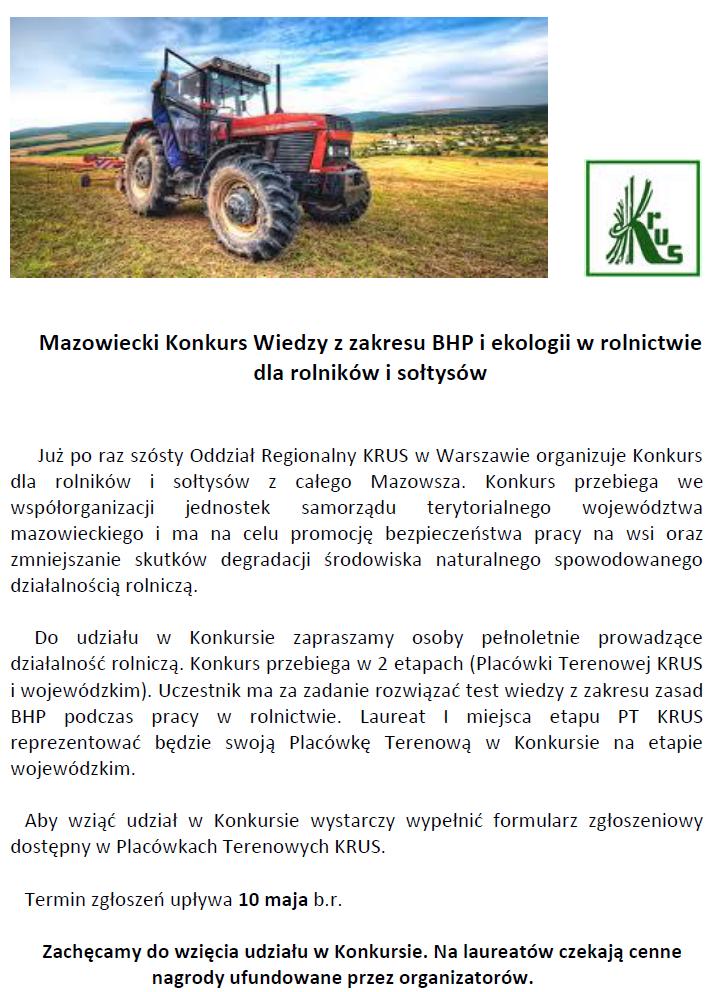 Mazowiecki Konkurs Wiedzy z zakresu BHP i ekologii w rolnictwie  dla rolników i sołtysów